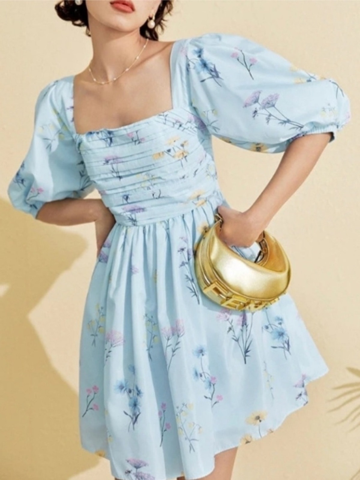 Self Portrait Women’s Blue Floral Taffeta Watercolor Puff Sleeve Mini Dress Sz 4